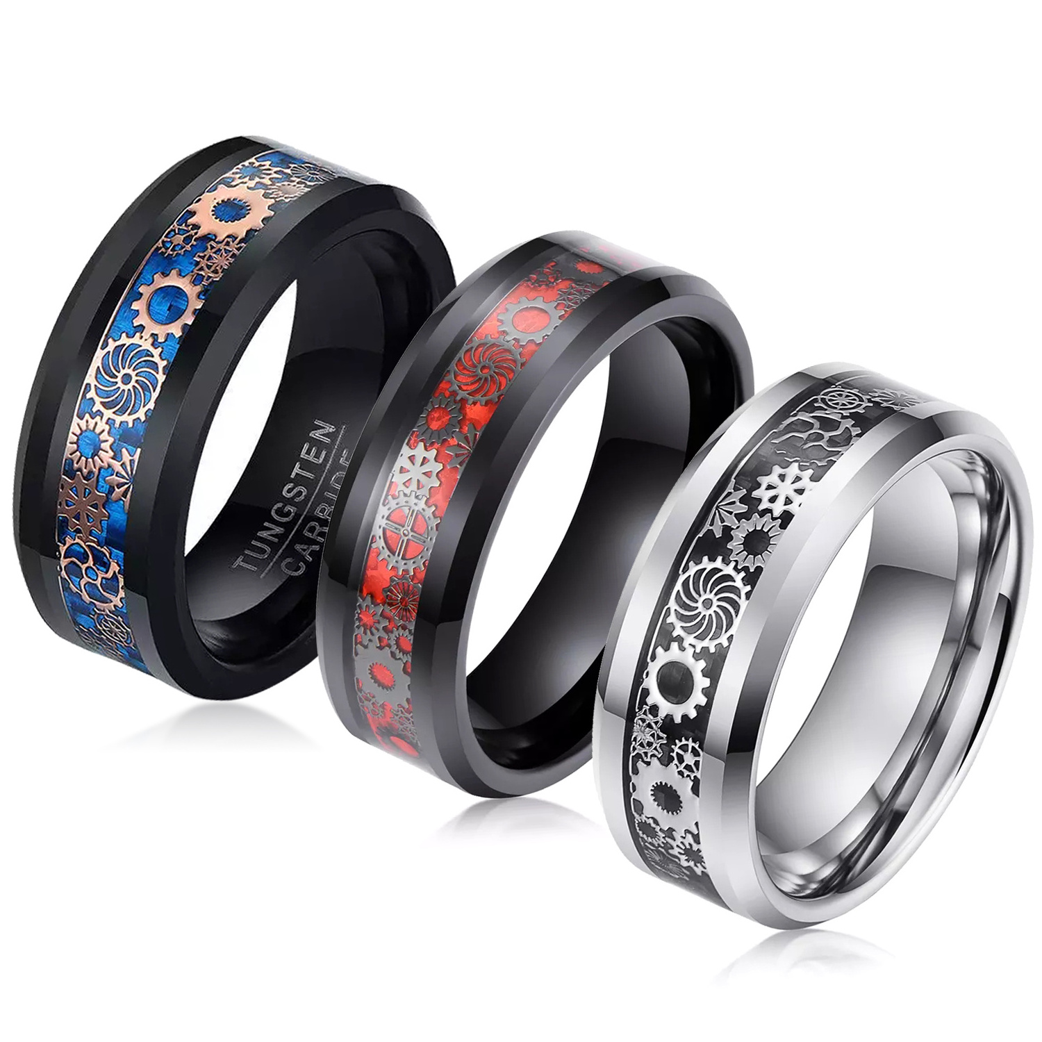 Wholesale Fashion jewelry custom 8mm Tungsten Ring for Men Women Steampunk Gear Red Carbon Fiber Inlay Fashion Wedding Band