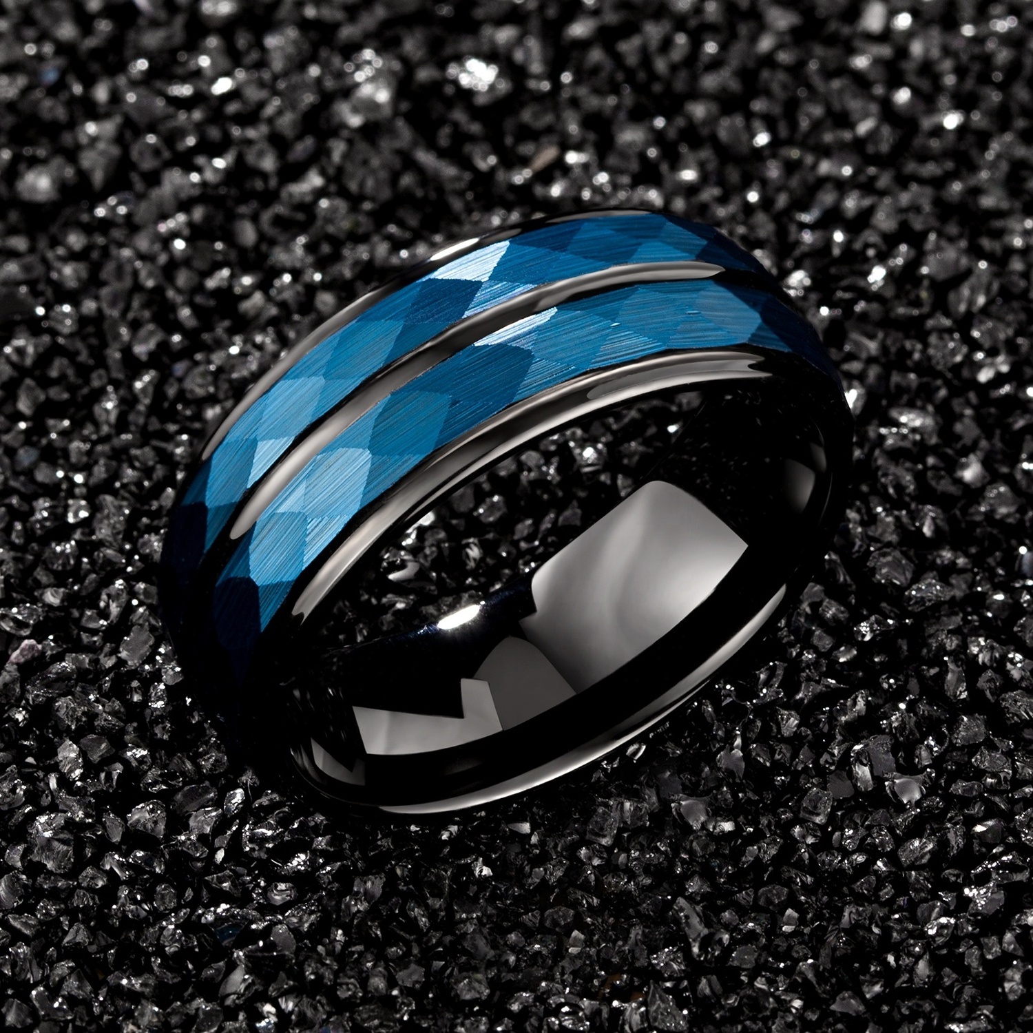 8MM Wholesale Blue Hammered Tungsten Carbide Ring Men black thin line tungsten ring men