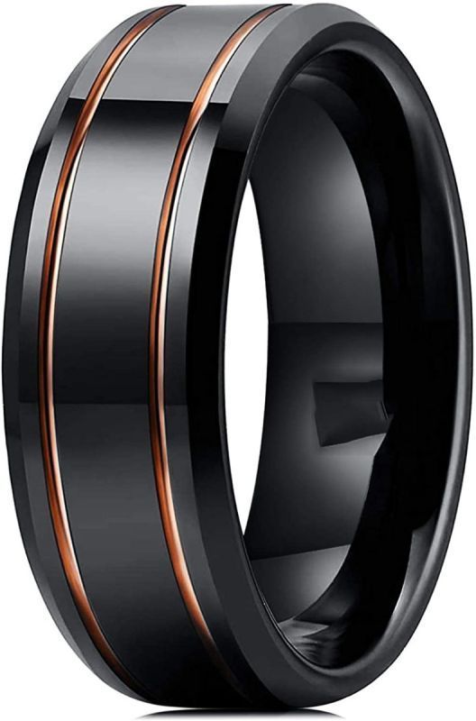 Wholesale 8mm brushed black tungsten steel ring for man black ring with two tone silver gold blue groove thin line