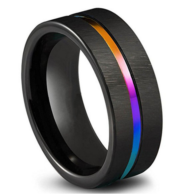 Wholesale hight quality 8mm Black New Brushed Wedding Band Colorful Rainbow groove Tungsten Ring