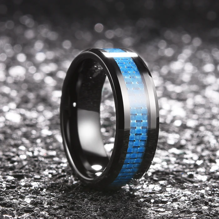 Fashion jewelry 8mm Black Tungsten Ring Men Women Couple Wedding Band Blue Carbon Fiber Inlay Beveled Comfort Fit