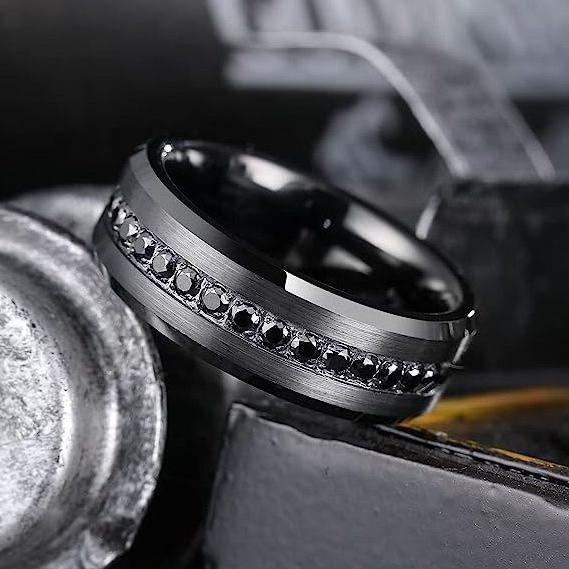 Luxury fashion black tungsten and gold mens wedding rings black diamond ring