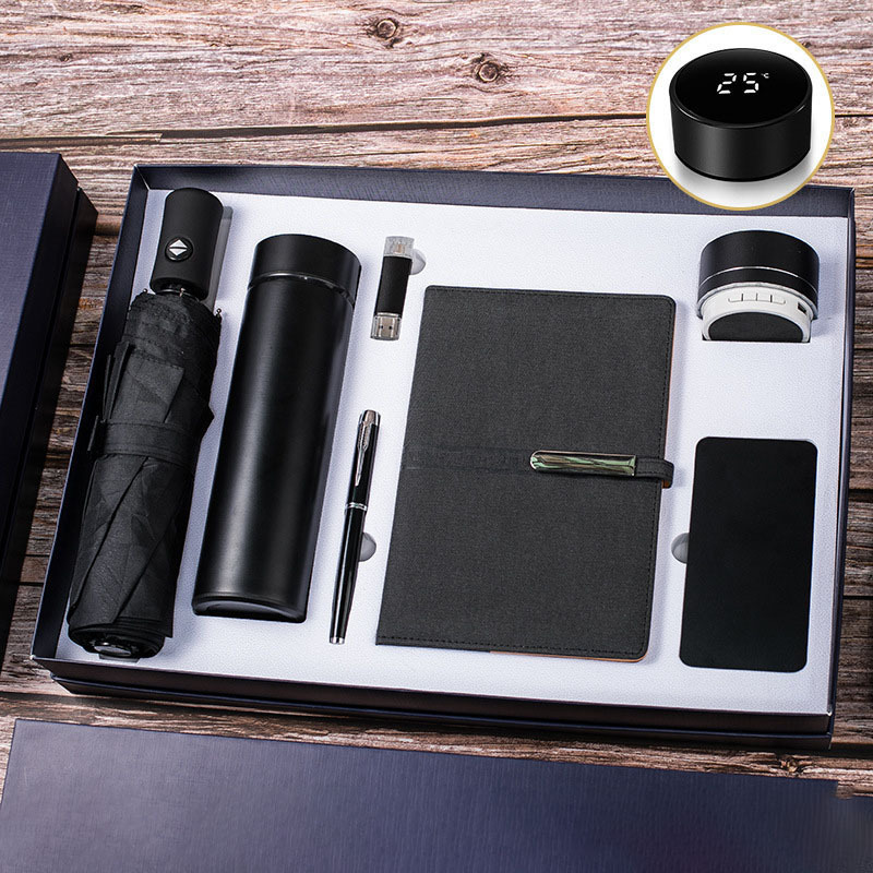 FXL Without MOQ New Arrival A5 Notebook + vacuum flask + USB flash drive + pen + A5 notebook + speaker + power bank Gifts Set