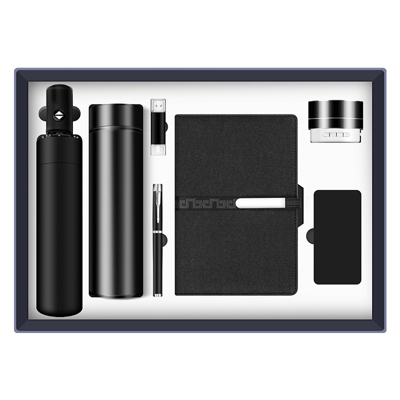 FXL Without MOQ New Arrival A5 Notebook + vacuum flask + USB flash drive + pen + A5 notebook + speaker + power bank Gifts Set