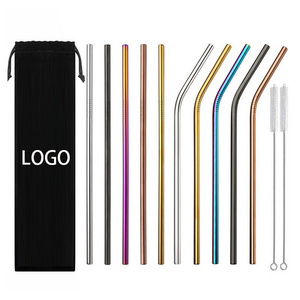 QXY0412 Customized Logo stainless steel Straw drinking Eco-friendly metal Straws rose gold black gold Red rainbow color straw