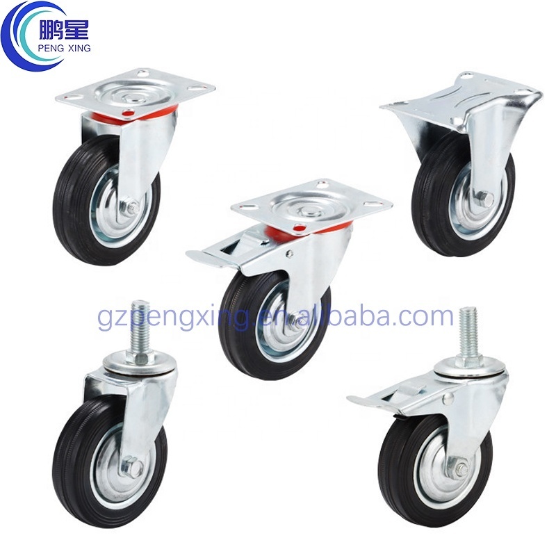 Pengxing 3/4/5/6/8 inch Industrial Castor Wheel Rubber Roller Bearing Outdoor Trolley Caster heavy duty caster wheel