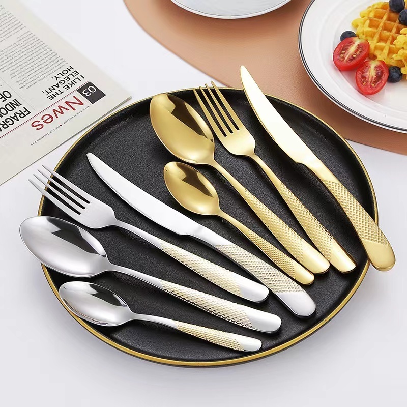 Goldplated Stainless Steel 410 tableware Spoon Fork Knife Mirror Polish Cutlery Set western food dinnerware set