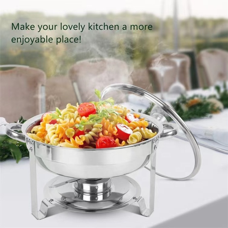 Factory Outlet 5Qt Stainless Steel alcohol heating soup pot buffet iron holder Chafing dish food warmer hot pot with glass cover