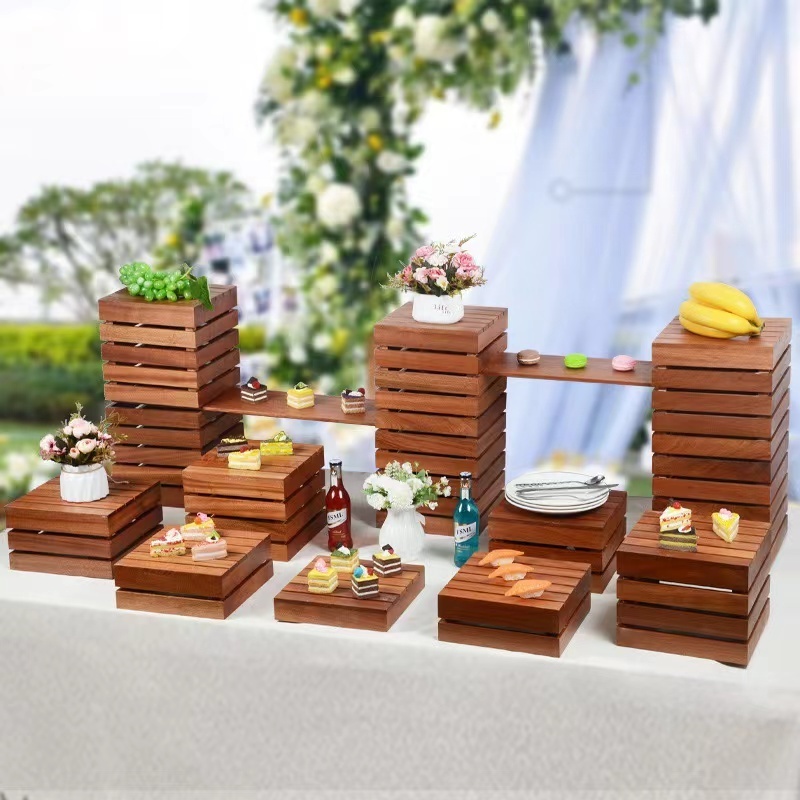 Hotel Banquet Supplies Wood Elevation Server Rack Set Buffet Black Wood Cake Cupcake Stand Chinese Style Cake Display Stand