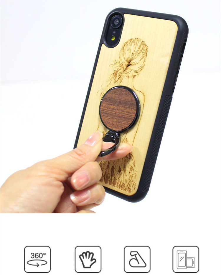 Custom Wood Phone Finger Ring Holder Lighter Mobile Phone Ring Holder Wooden Universal 360 Degree Finger Ring Cell Phone Holder