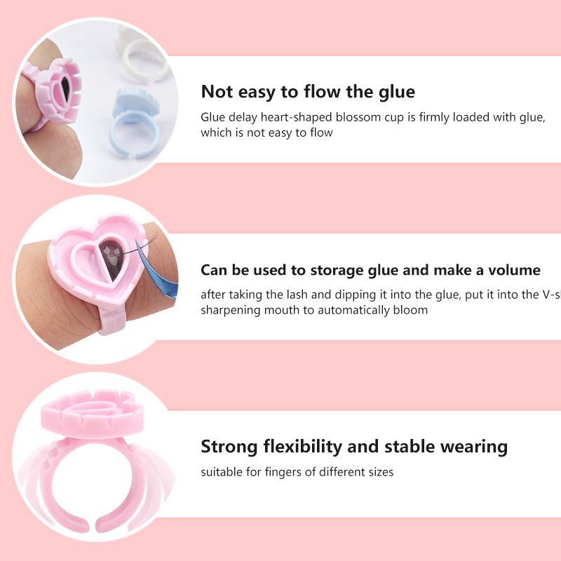 Disposable Pink White Hearted Eyelash Extension Cup Lash Tech Glue Rings Blue