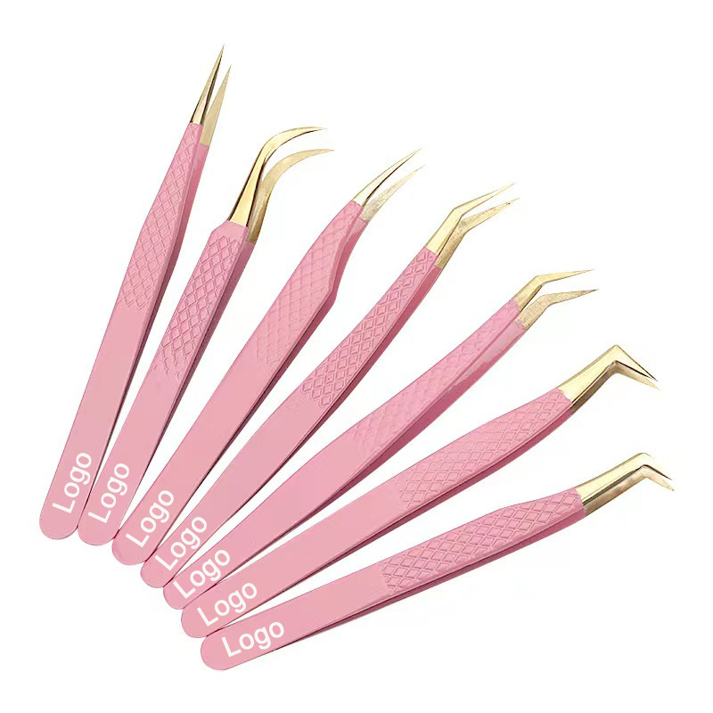 Customized Logo Bulk Pink Gold Tip Straight Curved Lashes Extensions Tweezer