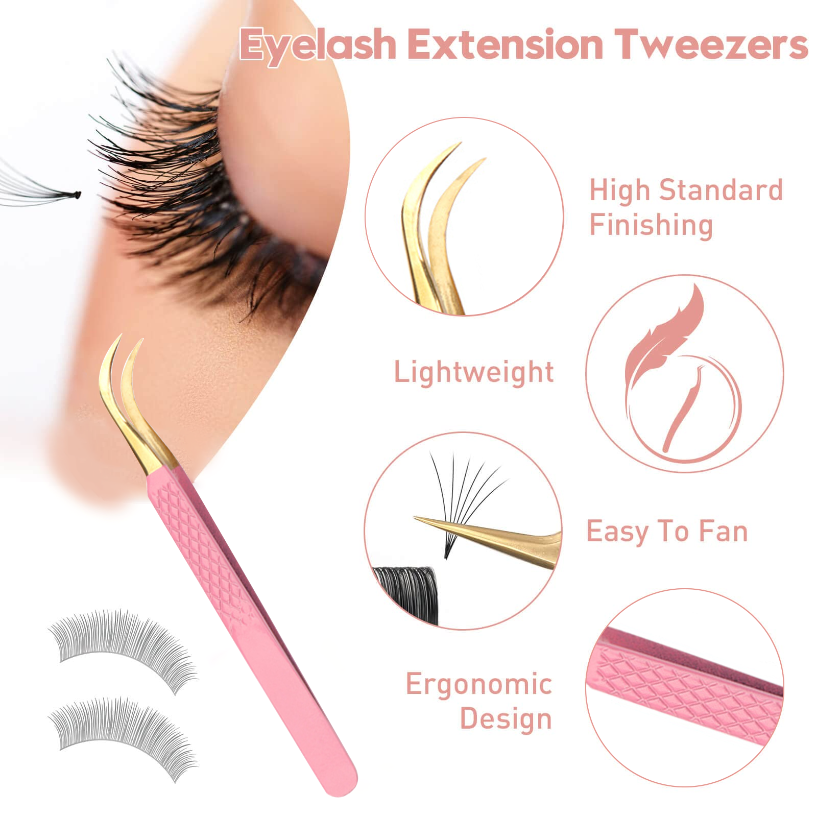 Customized Logo Bulk Pink Gold Tip Straight Curved Lashes Extensions Tweezer