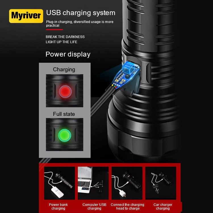 Myriver Zoomable Searchlight 2000 Lumen Led Rechargeable Security Flashlight 5 Modes Indoors Outdoor Self Defence Flashlight