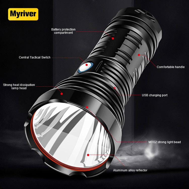 Myriver Zoomable Searchlight 2000 Lumen Led Rechargeable Security Flashlight 5 Modes Indoors Outdoor Self Defence Flashlight