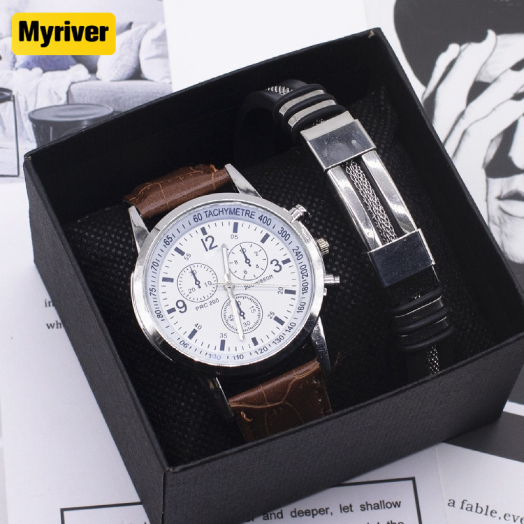 Myriver Stationary Gift Set 2023 New Fashion Mens Watches Sport Pu Leather Wrist Quartz Watch For Men Relogio Masculino