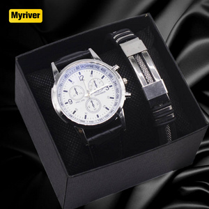 Myriver Stationary Gift Set 2023 New Fashion Mens Watches Sport Pu Leather Wrist Quartz Watch For Men Relogio Masculino