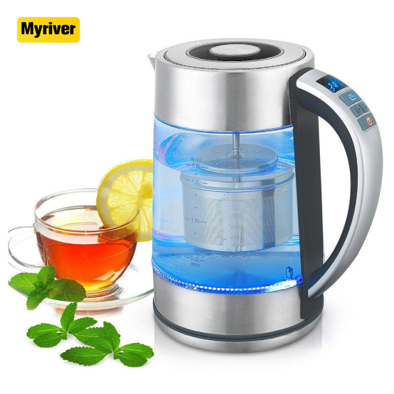 Myriver Built-In Blue Led Light Keep Warm Function Adjustable Temperature Digital Glass Electric Kettle With Tea Filter Kettle