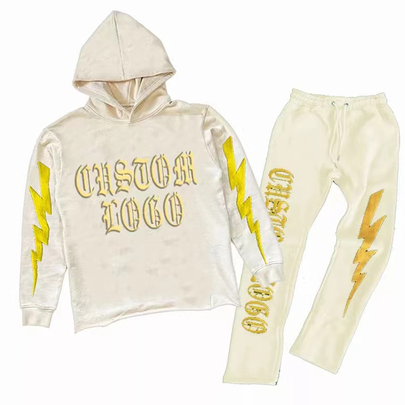 Custom High Quality puff Printing Tracksuit 100% Cotton French Terry Raw Hem Cut and Sew Hoodie Sweatpants and Hoodie Jogger Set