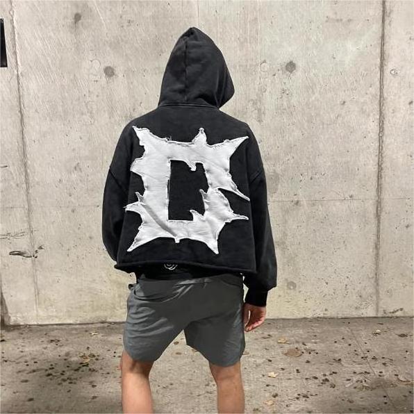 custom streetwear graphic french terry washed patch embroidery hoodie 350 400gsm cropped patchwork distressed embroidered hoodie