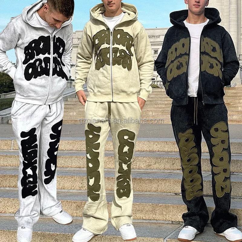 custom high quality acid wash flared sweat pants men hoodies unisex cotton stacked pants sweatsuit zip up hoodie and jogger set