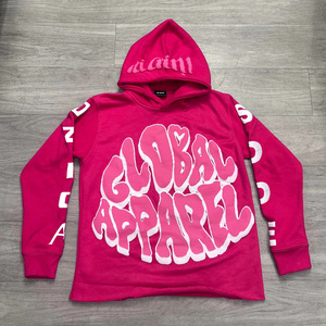 Qianshi 400/500 gsm Pink streetwear Hoodie Manufacturers Heavyweight Cotton French Terry Raw Hem Puff Printing Cropped Hoodie Me