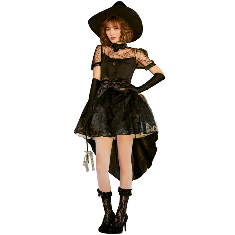 Black sexy mesh cutout witch swallowtail costume Halloween party party Witch cosplay costume