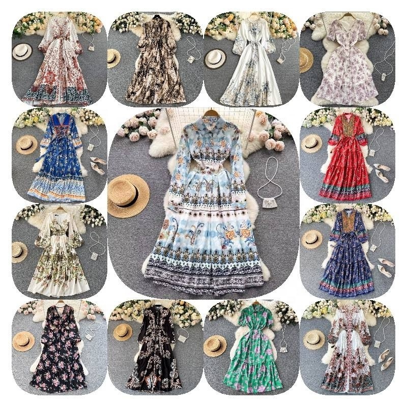 2024 Summer Wholesale Maxi Dress for Women Puff Sleeve Long Cotton Fabric Simple Style Printed Beach Elegant Boho Casual Dress