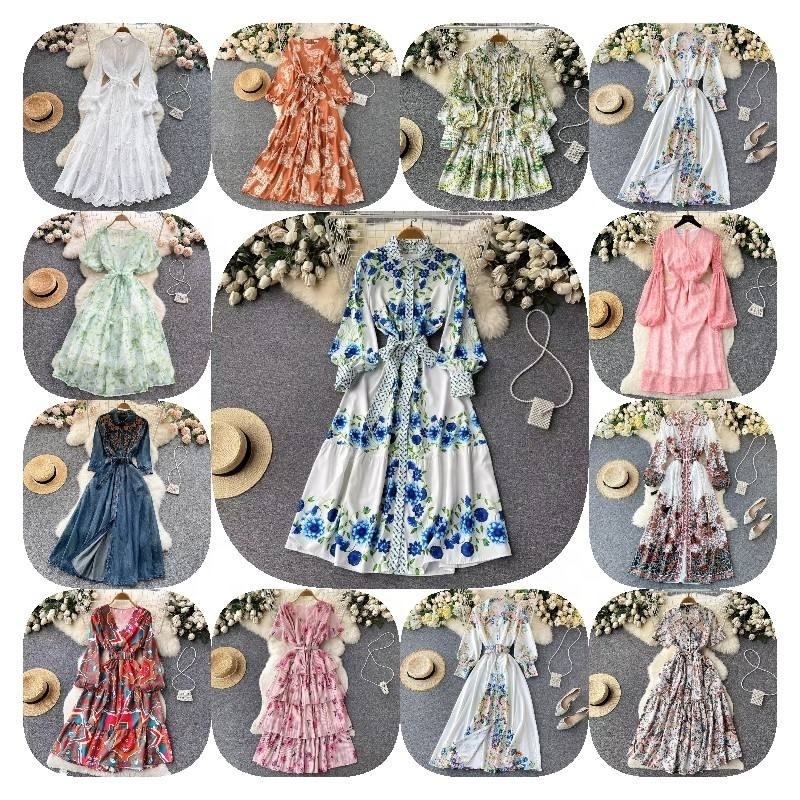 2024 Summer Wholesale Maxi Dress for Women Puff Sleeve Long Cotton Fabric Simple Style Printed Beach Elegant Boho Casual Dress