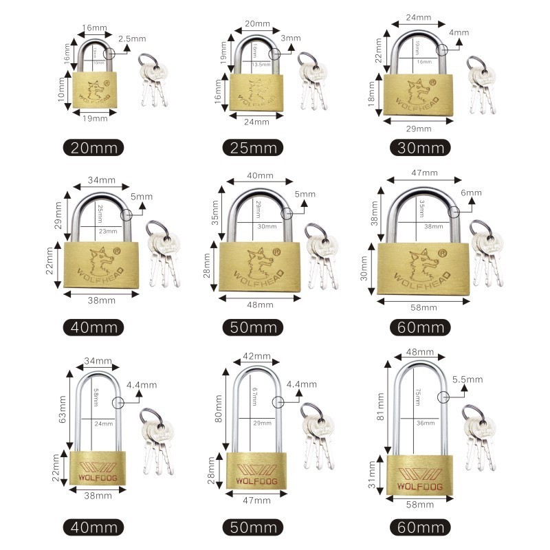 High quality double lock hardened shackle solid brass padlock Wolf head pattern padlock Long beam lock