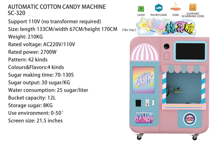 SEVENCLOUD New Automatic Cotton Candy Self Service Machine Professional Vertical Flower Sugar Cotton Candy Floss Machine Vending