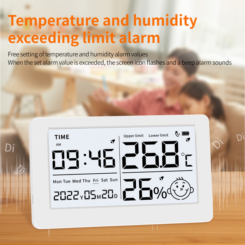 Digital room thermometer with clock humidity meter built-in battery, plastic home thermometer USB charging humidity thermometer