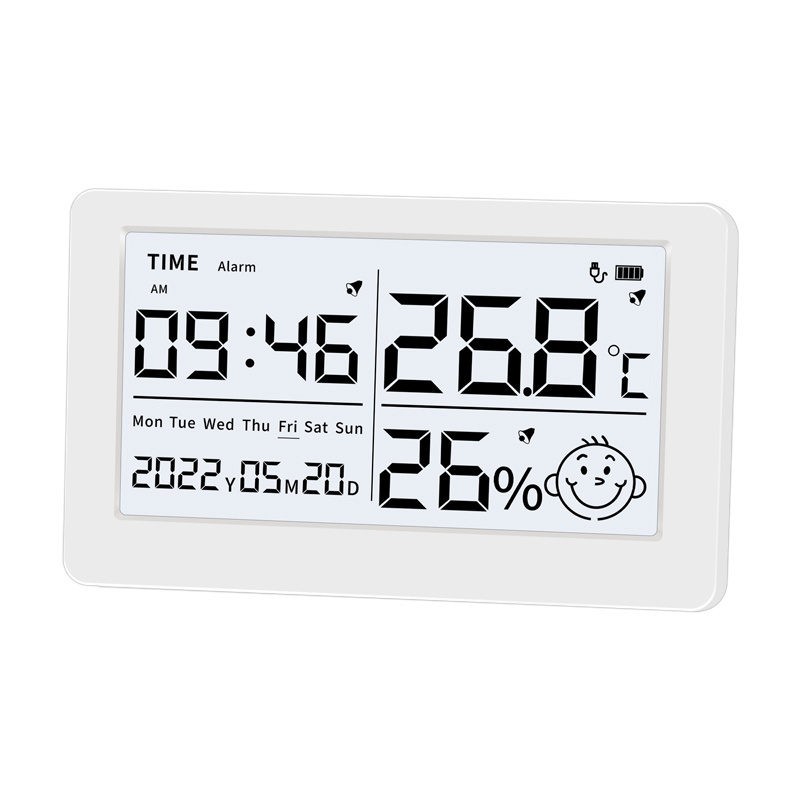 Digital room thermometer with clock humidity meter built-in battery, plastic home thermometer USB charging humidity thermometer