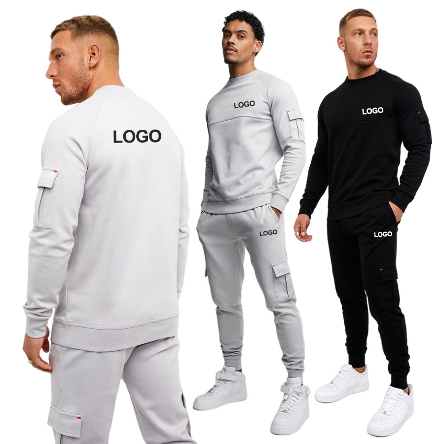 custom logo fashion solid pullover sweatsuit 100 cotton mens training cargo tracksuit with pocket