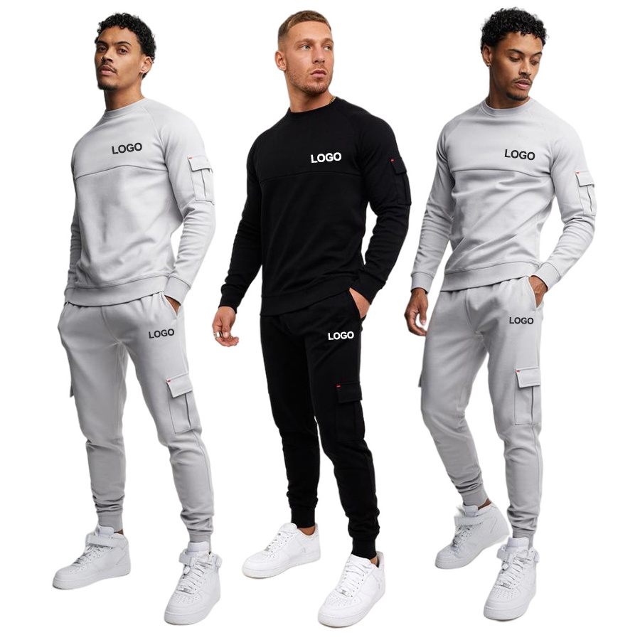 custom logo fashion solid pullover sweatsuit 100 cotton mens training cargo tracksuit with pocket