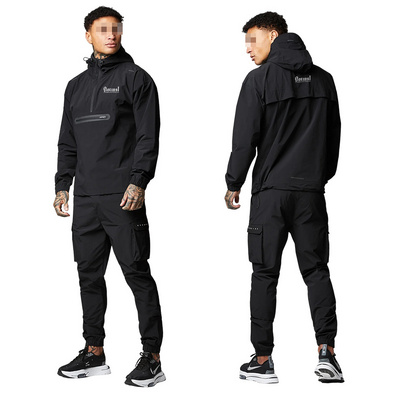 Windbreaker Jacket Blank Hoodies And Cargo Pants Two Piece Set Waterproof Sweatsuit Sets Unisex Nylon Tracksuit Men