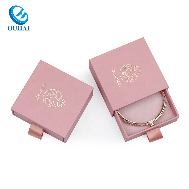 Jeweller Paper Package Luxury Pink Cardboard Earring Bracelet Necklace Ring Drawer Box Jewelry Custom Packaging Box with Logo