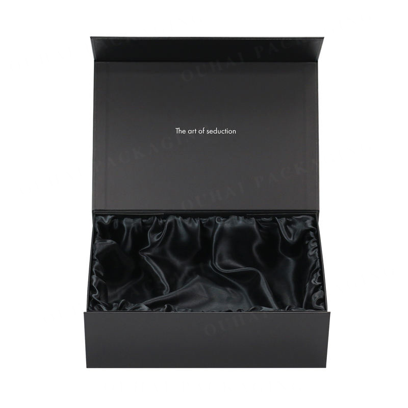 Custom Luxury Magnetic Lid Closed Black Satin Insert Lined Rigid Gift Box Packaging With Satin Inside Packing