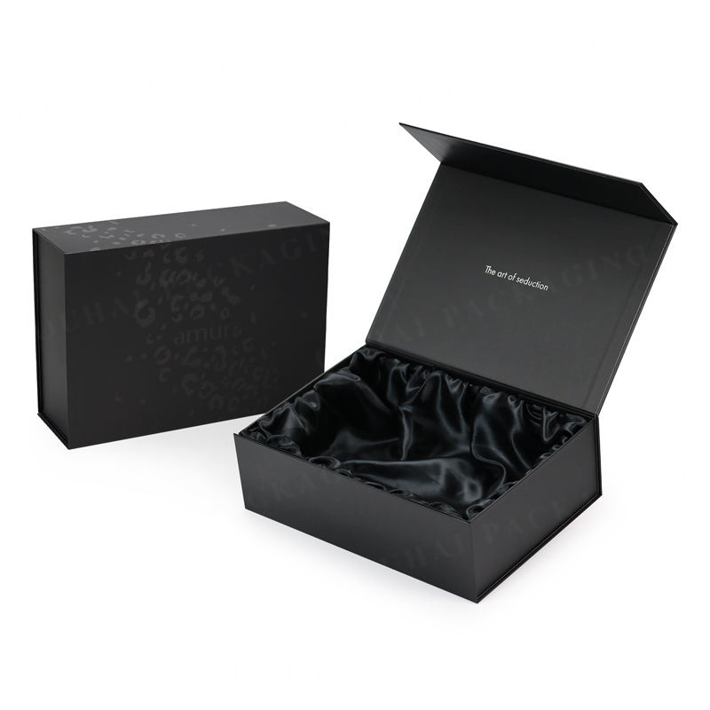 Custom Luxury Magnetic Lid Closed Black Satin Insert Lined Rigid Gift Box Packaging With Satin Inside Packing