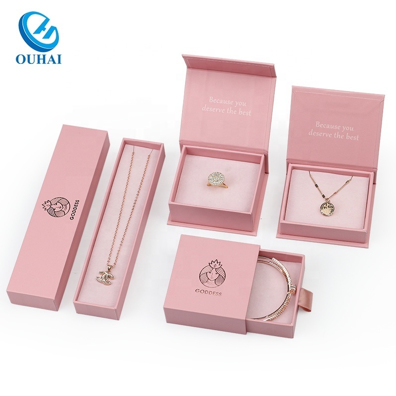 Jeweller Paper Package Luxury Pink Cardboard Earring Bracelet Necklace Ring Drawer Box Jewelry Custom Packaging Box with Logo