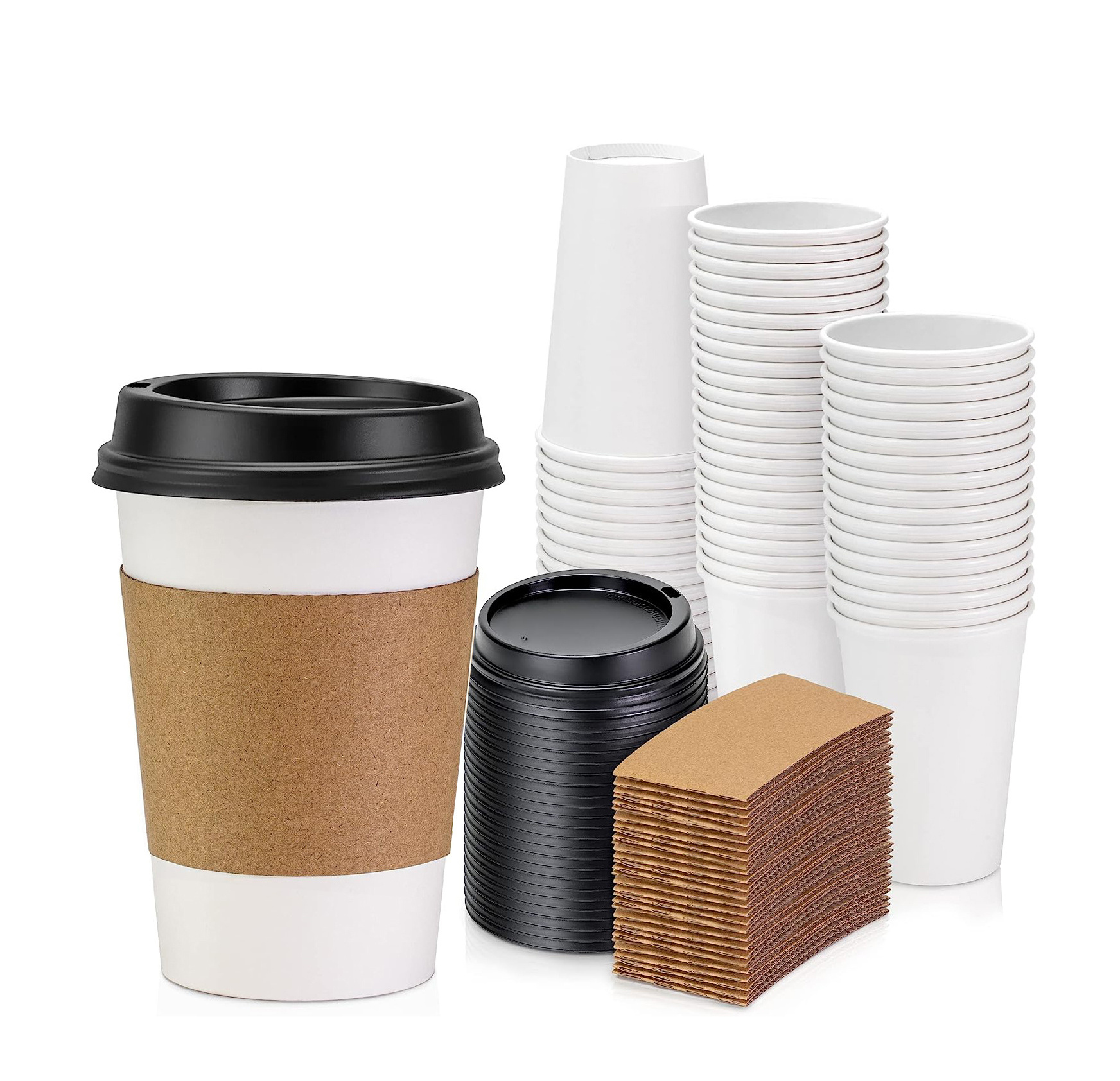 Biodegradable Packaging Hot Beverage Disposable White Paper Coffee Cup with Black Dome Lid and Kraft Sleeve Combo