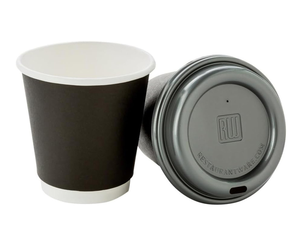 Biodegradable Packaging Hot Beverage Disposable White Paper Coffee Cup with Black Dome Lid and Kraft Sleeve Combo