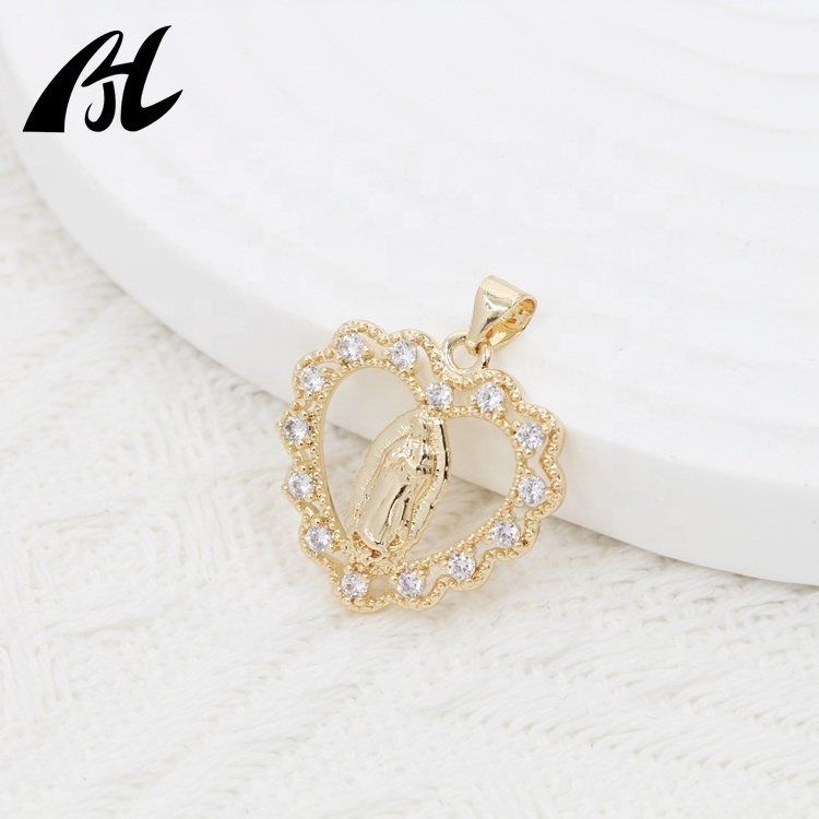 Women Crystal Rhinestone Christian Jewelry 14K Gold Plated Heart CZ Pendant Necklace Virgen De Guadalupe Pendant