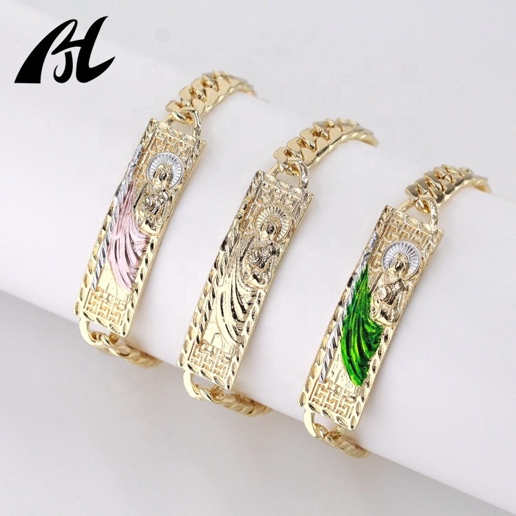 14kGold Oro Laminado Green San Judas Tadeo Bracelet Men Women Punk Unique Bracelet religious Platinum Bracelet Religious Jewelry