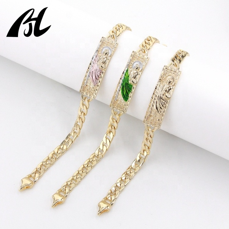 14kGold Oro Laminado Green San Judas Tadeo Bracelet Men Women Punk Unique Bracelet religious Platinum Bracelet Religious Jewelry