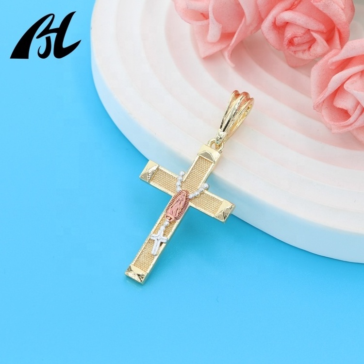 Latest Charm Oro Laminado 14k Gold Plated Jewelry Virgin Mary Rosary Necklace Pendant Religious Jesus Christ Cross Pendant