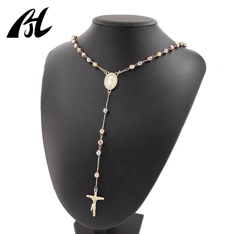 Hot Selling Religious Cross Unisex Guadalupe 14k 18k Gold Jewelry Women Rosaries Gold Filled Rosary Beads Necklace