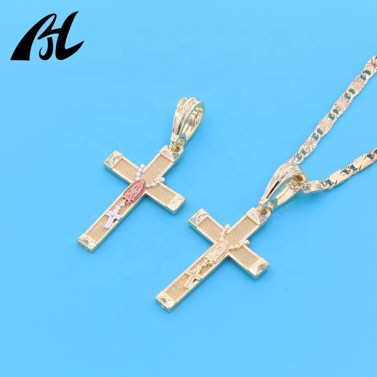 Latest Charm Oro Laminado 14k Gold Plated Jewelry Virgin Mary Rosary Necklace Pendant Religious Jesus Christ Cross Pendant