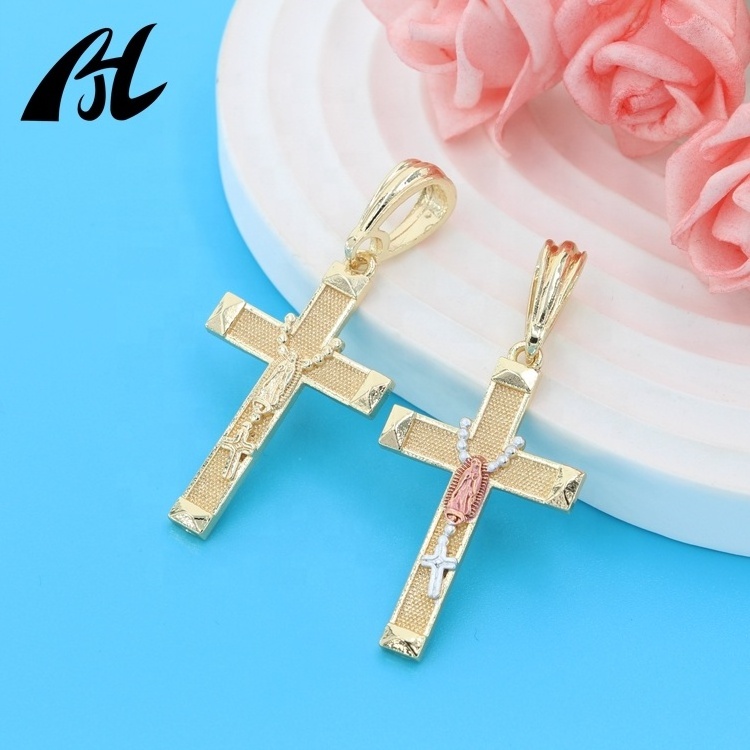 Latest Charm Oro Laminado 14k Gold Plated Jewelry Virgin Mary Rosary Necklace Pendant Religious Jesus Christ Cross Pendant