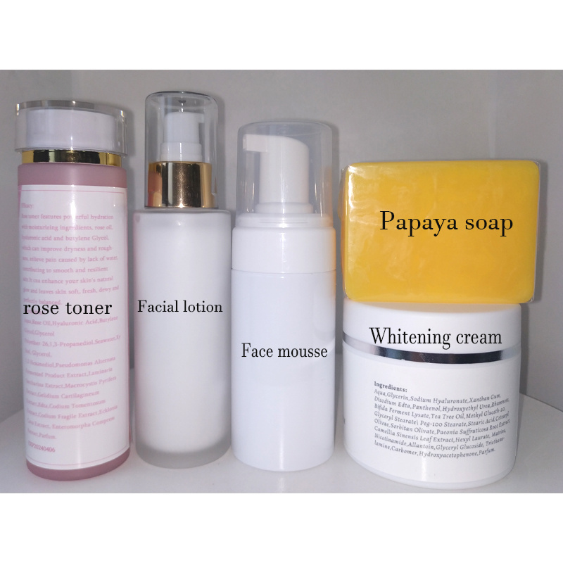 Rose toner + whitening lotion + face mousse + bleaching moisturizing cream + moisturizing papaya soap Guangzhou wholesale order